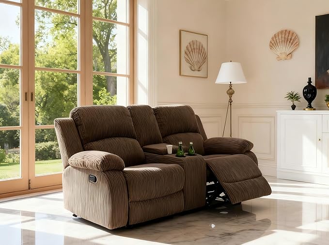 Manual Recliner Loveseat, Corduroy Sectional Manual Reclining Loveseat with Cup Holders, Living Room Furniture Sets Peanut Brown Reclining Loveseat with 2 Recliner Seats and Storage Console