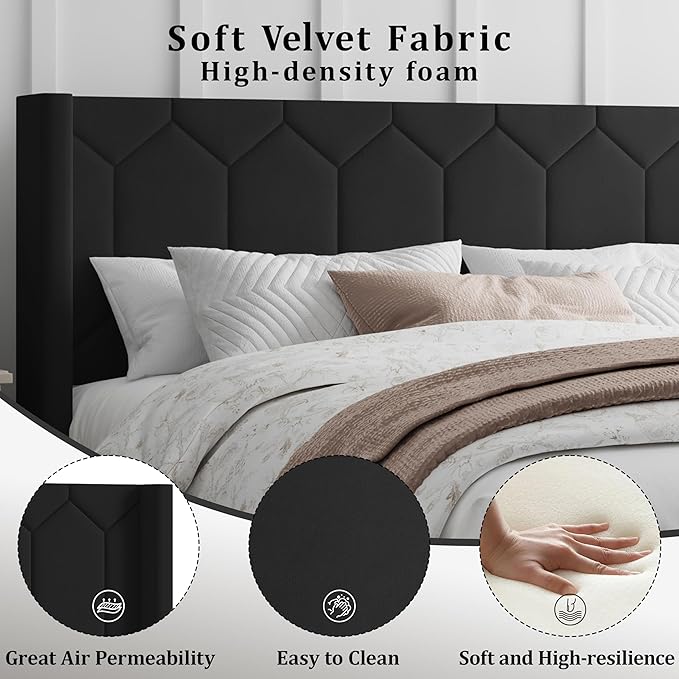 Full Size Bed Frame with Velvet Upholstered Headboard, Platform Bed Frame No Box Spring Needed, Modern Bedframe with Strong Wooden Slats, Black