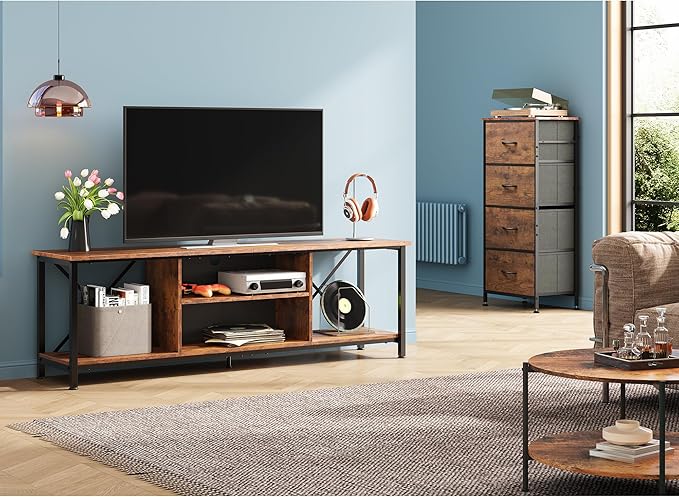 WLIVE Industrial TV Stand for Up to 70 inch TV, Heavy-Duty Metal Frame Entertainment Center with Adjustable Shelves & Cable Management, Large Media Console for Living Room, Rustic Brown