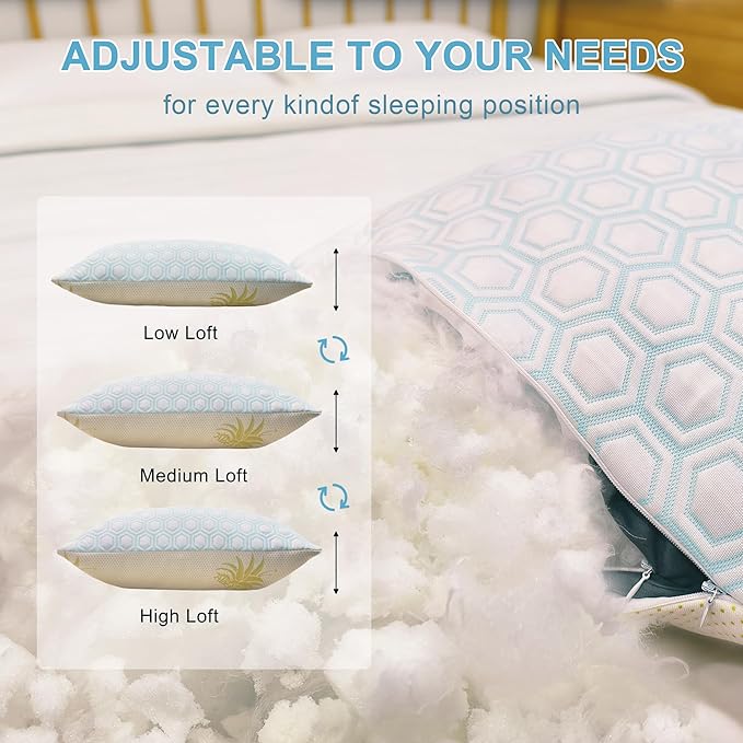 Cooling Pillows Queen Size Set of 2, Adjustable Shredded Memory Foam Bed Pillows for Hot Sleepers - Firm Supportive Cool Pillow for Side Back Stomach Sleepers with Removable Washable Cover