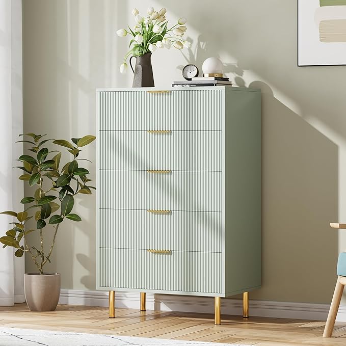 IDEALHOUSE Green Dresser, Modern 5 Drawer Dresser for Bedroom with Gold Handle and Large Drawer, Wood Double Chest of Drawers and Storage Organizer for Living Room, Hallway, Entryway