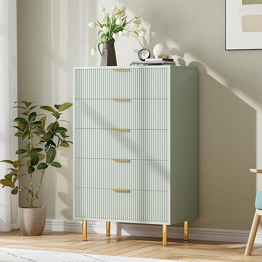 IDEALHOUSE Green Dresser, Modern 5 Drawer Dresser for Bedroom with Gold Handle and Large Drawer, Wood Double Chest of Drawers and Storage Organizer for Living Room, Hallway, Entryway