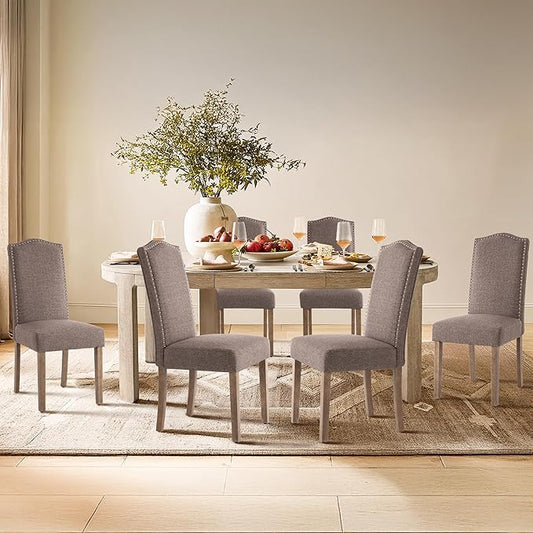 Upholstered Dining Chair Stylish Parsons Kitchen High Back with Silver Nailhead Trim & Wood Legs, 6-Pack, Fabric Brown