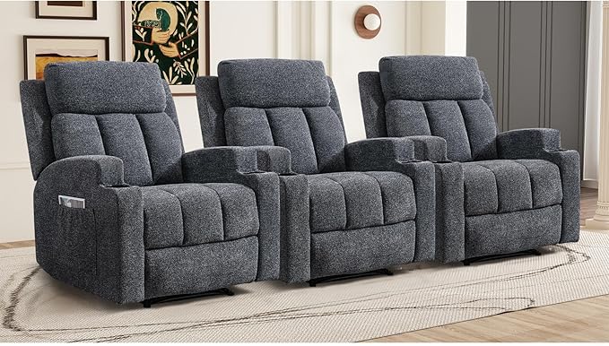 CANMOV Manual Massage Heat Recliner Chair Set of 3, Soft Fabric Recliner Chair with Overstuffed Arm and Back, Manual Reclining Single Sofa with 2 Cup Holders, Side Pocket for Living Room, Dark Grey