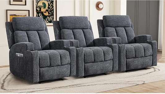 CANMOV Manual Massage Heat Recliner Chair Set of 3, Soft Fabric Recliner Chair with Overstuffed Arm and Back, Manual Reclining Single Sofa with 2 Cup Holders, Side Pocket for Living Room, Dark Grey