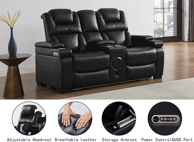 THSUPER Power Breathable Leather Reclining Loveseat with 7-Color LED Light, Living Room Recliner Couch with Adjustable Headrest/USB Port/Wireless Charging/Bluetooth Speaker for Living Room, Black