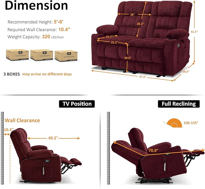 MCombo 57" Power Loveseat Recliner, Electric Reclining Loveseat Sofa with Heat and Vibration, Cupholders, USB Charge Ports for Living Room 6314 (Burgundy, Loveseat)