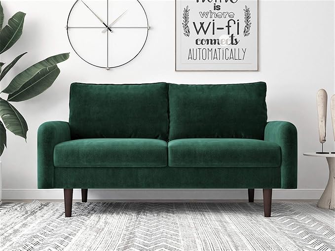 Container Furniture Direct Americus Velvet Upholstered Sofa and Loveseat Set, Couches for Living Room with Luxurious Mid Century Modern Design and Wooden Base, 2 Piece, Green