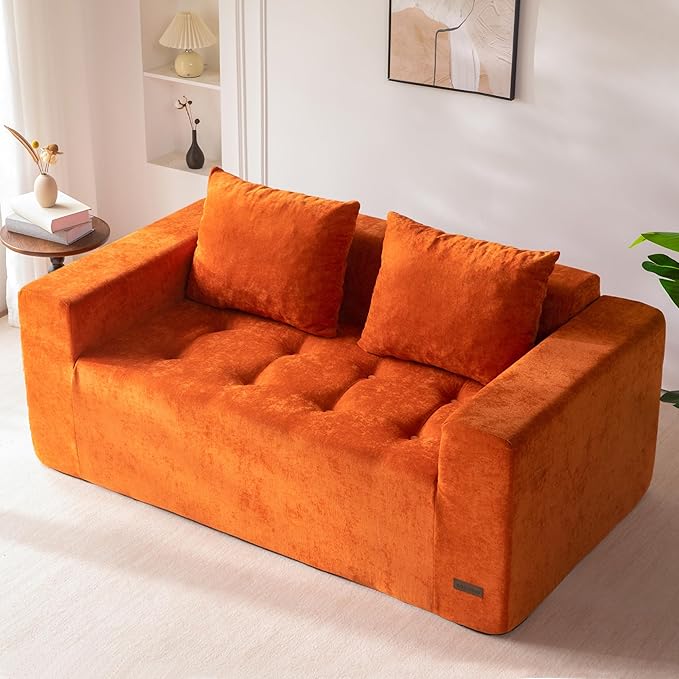 MAXYOYO Modular Sofa Couch, 61" Loveseat Boneless Cloud Couch with Deep Seat, Chenille Upholstered Living Room Sleeper Sofa Chair for Living Room, No Assembly Required, Orange