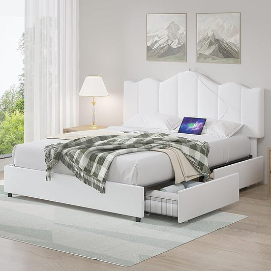 VECELO Full Size Bed Frame with 4 Drawers, Adjustable Headboard, Upholstered Platform with Wood Slats Support, Built-in USB and Type C Ports, Off White