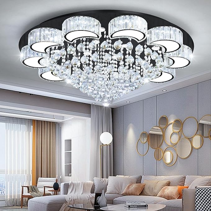 40'' Black Modern Crystal Chandeliers for Dining Room LED Dimmable Light Fixtures Flush Mount Light Living Room Bedrooms