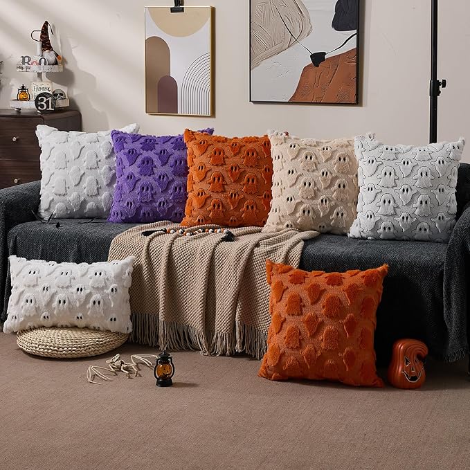 DFXSZ Halloween Pillow Covers 20x20 inch Set of 2 Orange White Ghost Throw Pillow Cases Soft Plush Faux Fur Wool Couch Cushion Case for Chair Sofa Bedroom Living Room Home Decor PTK03K20