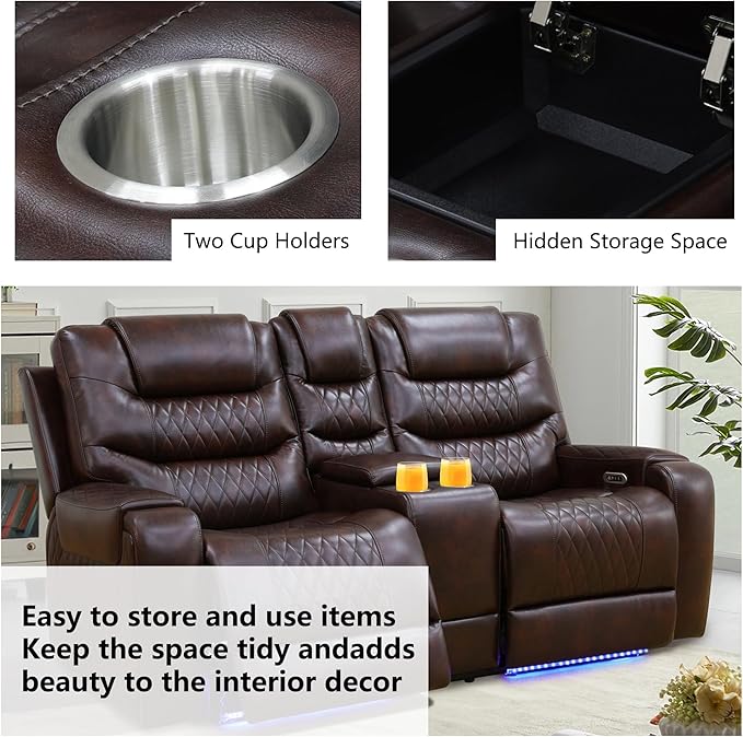 Power Recliner Sectional Sofa with LED, Breathing Leather Reclining Sectional Couch, L Shaped Couch with Dual Recliners, USB Port, Cup Holder&Storage (Dark Red, Sectional+Loveseat(8 Seats))
