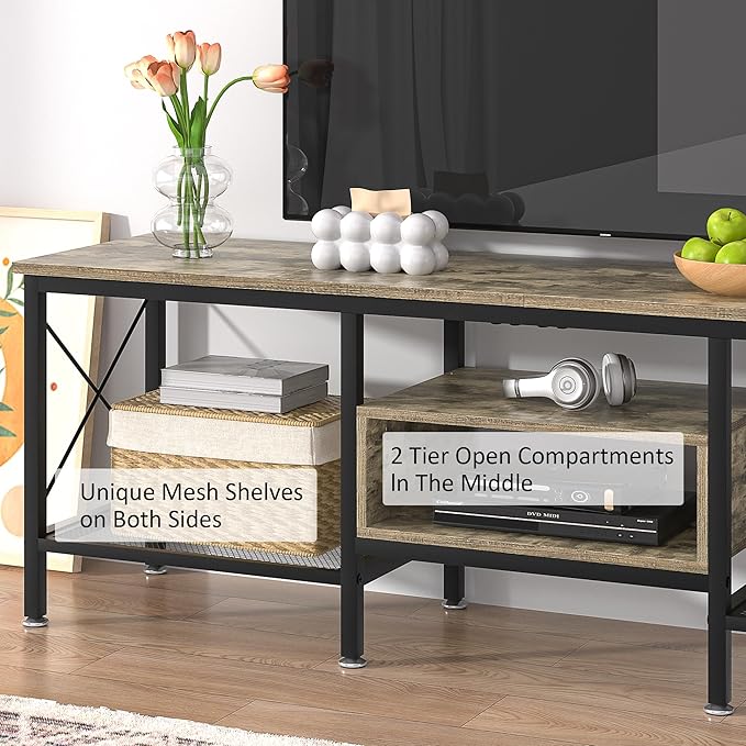 VECELO Industrial TV Stand for 70 Inch Television Cabinet 3-Tier Console with Open Storage Shelves, Entertainment Center Metal Frame for Living Room, Bedroom, 63 Inch, Grey