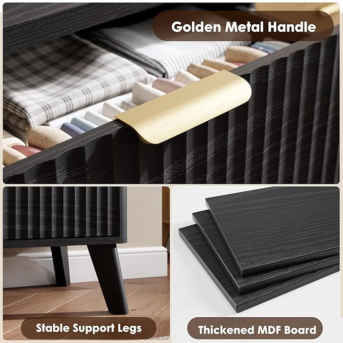 Garvee 6 Drawers Dresser for Bedroom, 47.2" Wide Dressers with Curved Profile Design, Fluted Wood Drawers with Gold Handle, Modern Chest of Dressers with Thickened Design for Living Room, Black