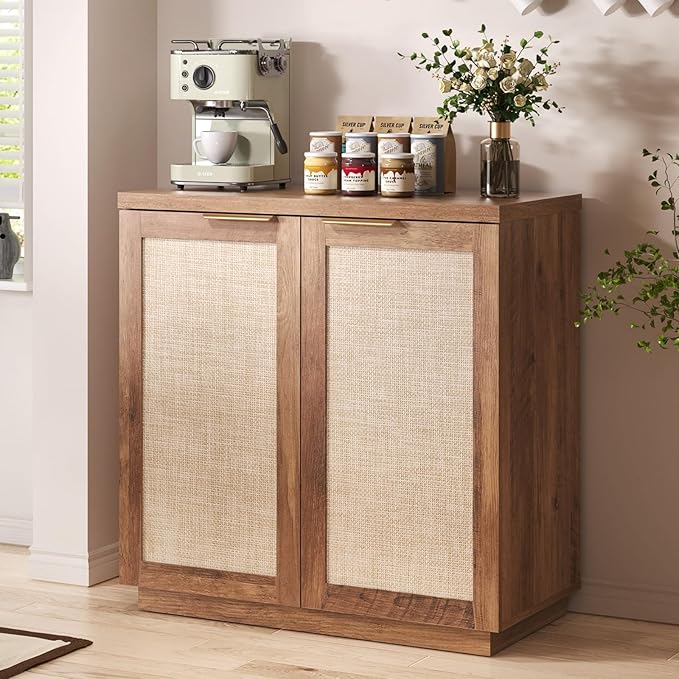 HOMMPA 31.5'' Sideboard Buffet Cabinet with Storage Boho Kitchen Buffet Cabinet with 2 Doors and Adjustable Shelves, Rattan Credenza Wood Coffee Bar Cabinets/Table for Living Room, Hallway & Kitchen