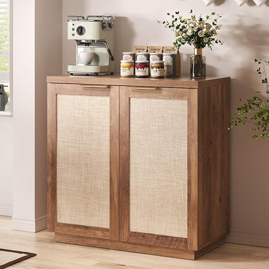 HOMMPA 31.5'' Sideboard Buffet Cabinet with Storage Boho Kitchen Buffet Cabinet with 2 Doors and Adjustable Shelves, Rattan Credenza Wood Coffee Bar Cabinets/Table for Living Room, Hallway & Kitchen