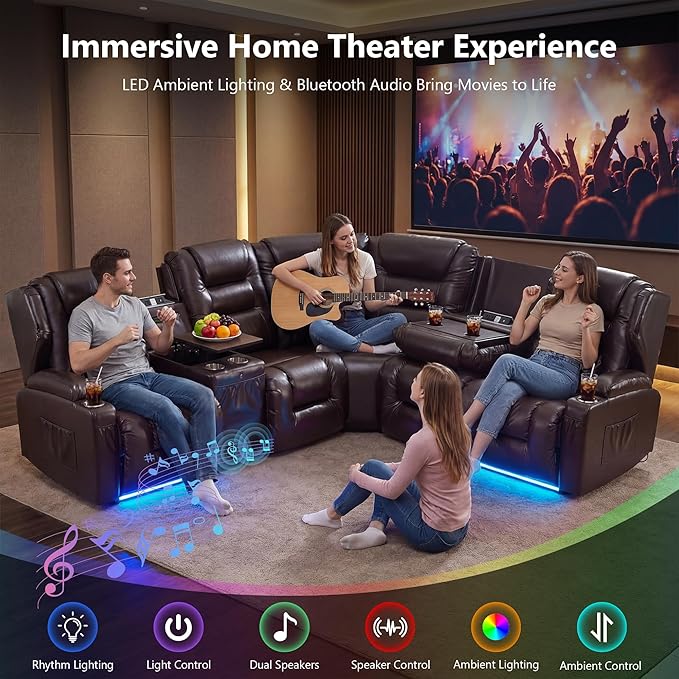 SAMERY Recliner Sectional Couch, Power Reclining Sectional Sofa, Wall Hugger Recliners RV Couch with Corner Couch, Flip-Backrest, Lift-Top Table, Ambient Lights, USB, Faux Leather, Brown | Extra Wide Seat, Plush Padding, Dual Power Recline, Lift-Up Tab...