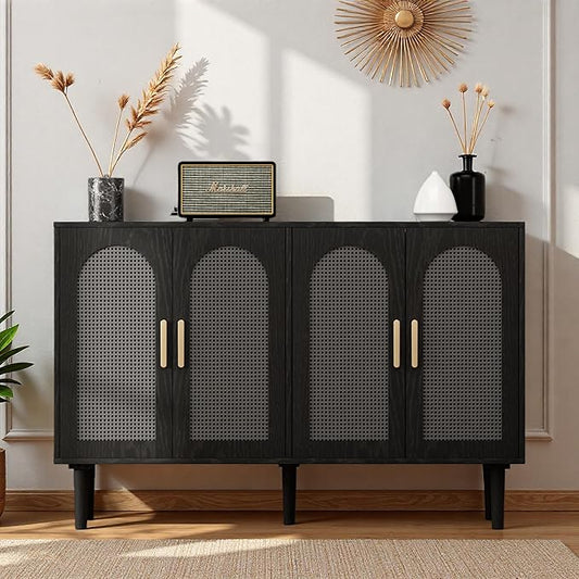 Modern Rattan-Door Sideboard Cabinet – 4-Door Credenza Buffet with Ample Storage, Large Accent Cabinet for Entryway, Living Room, Dining Room & Kitchen, Black & Grey