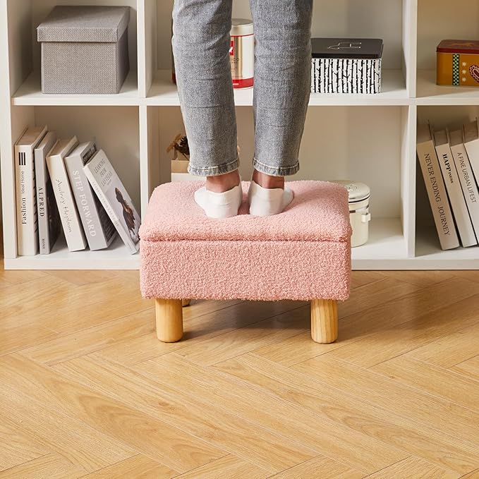 Teddy Velvet Small Ottoman Foot Rest, Foot Stools with Storage Small, Upholstered Rectangle Wood Ottoman with Safety Hinge Flip Top, Bed Stool for Bedroom Dorm Teddy Pink YD-JD136P