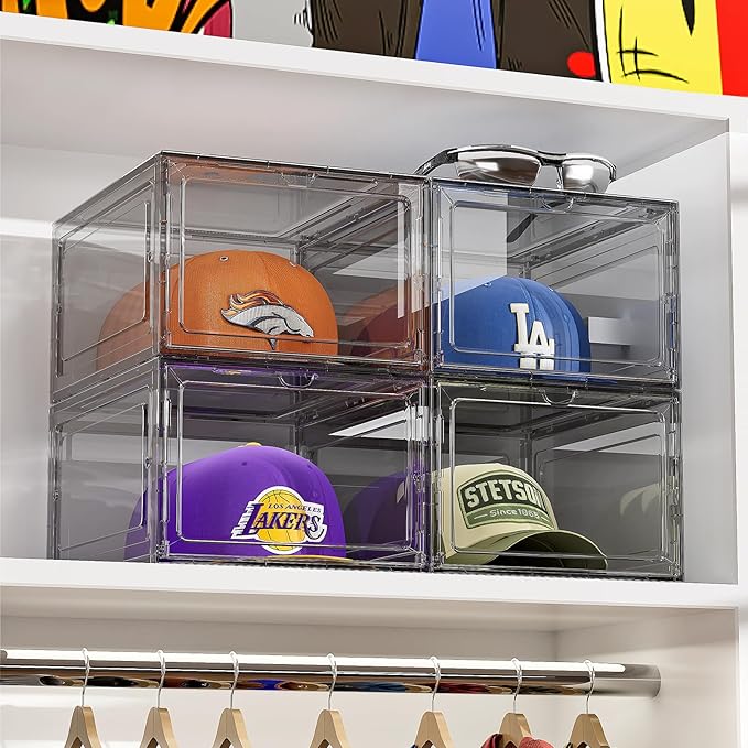 Hat Organizer Box for Baseball Caps, 6 Pack Plastic Hat Storage Display Case with Magnetic Door, Hat Holder Rack for Closet, Snapback Organizer, Hold 8 Caps Each, Black