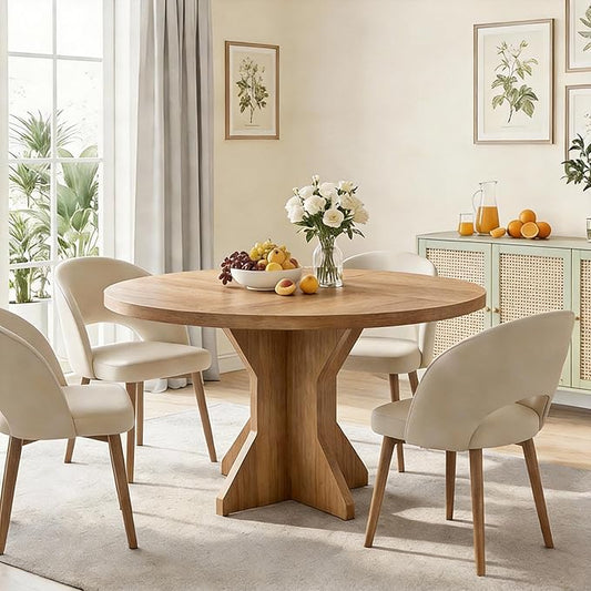IDEALHOUSE Round Dining Table, 47" Kitchen Table for 4-6 People, Circle Tables with Sturdy Pedestal Base, Space Saving Dinning Room Furniture for Living Room, Kitchen, Apartment