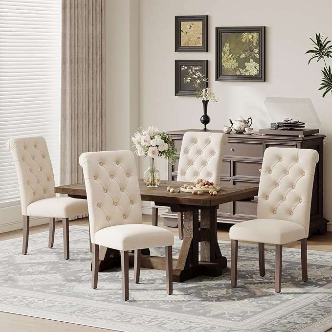 Upholstered Tufted Dining Room Chairs Set of 4, Parsons Kitchen Chairs with Padded Seat and Solid Wood Legs, Fabric Accent Side Diner Chair for Dining Room/Kitchen/Living Room, Beige