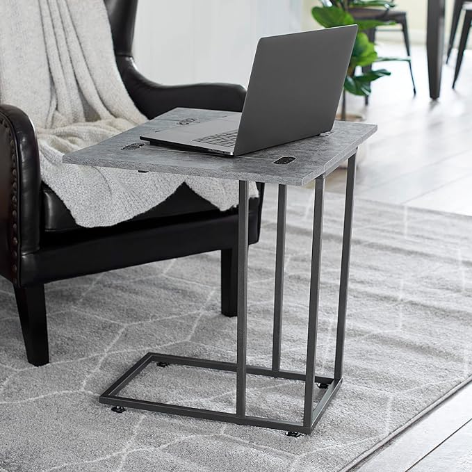 Household Essentials Jamestown Extendable C-Shaped for Accessiblity Side End Table Rustic Slate Concrete and Black Metal