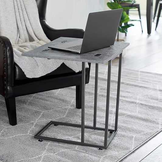Household Essentials Jamestown Extendable C-Shaped for Accessiblity Side End Table Rustic Slate Concrete and Black Metal