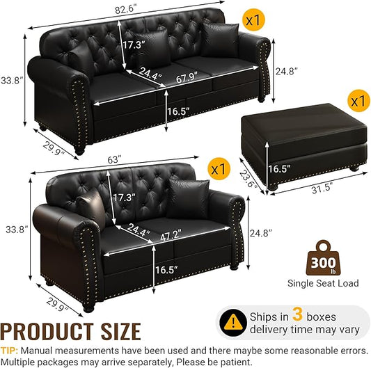 KEIKI 2-Piece Chesterfield Sofa Set with 1 Faux Leather 3-Seater Sofa & 1 Loveseat Sofa, Upholstered 5-Seater Couch Set with Nailhead Trim & Rolled Arms & 1 Ottoman & 5 Pillow, for Living Room, Black