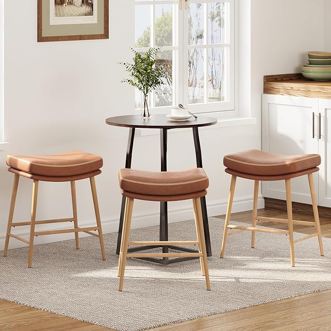Bar Stools Set of 3, Counter Height Bar Stools with Thick PU Leather Saddle Seat & Sturdy Metal Frame Legs,Backless Bar Stools for Kitchen Island Dining Cafe,Brown