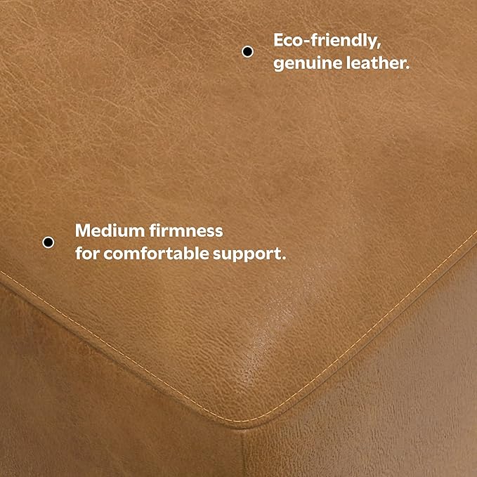 SIMPLIHOME Rex Ottoman - 34 inch Wide Upholstered Genuine Leather Square Ottoman in Sienna, Modern Bench for Living Room or Bedroom with High-Density Cushion, Assembled