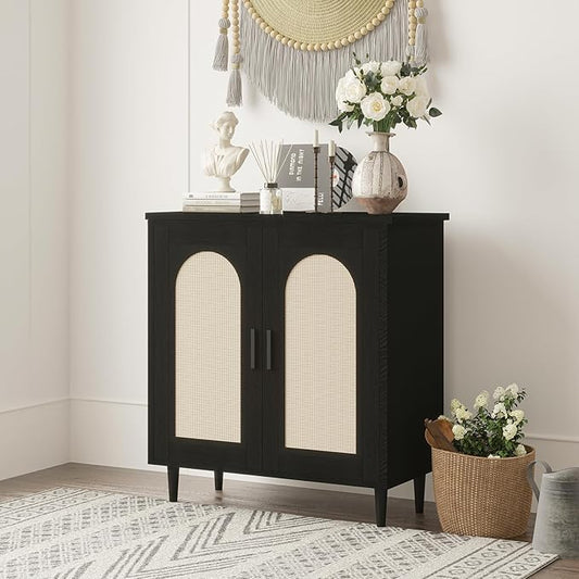 GarveeHome Sideboard Buffet Kitchen Storage Cabinet with Rattan, Solid Wood Feet for Living Room, Hallway, Entryway, Cabinet with Ample Storage Space(1PCS)