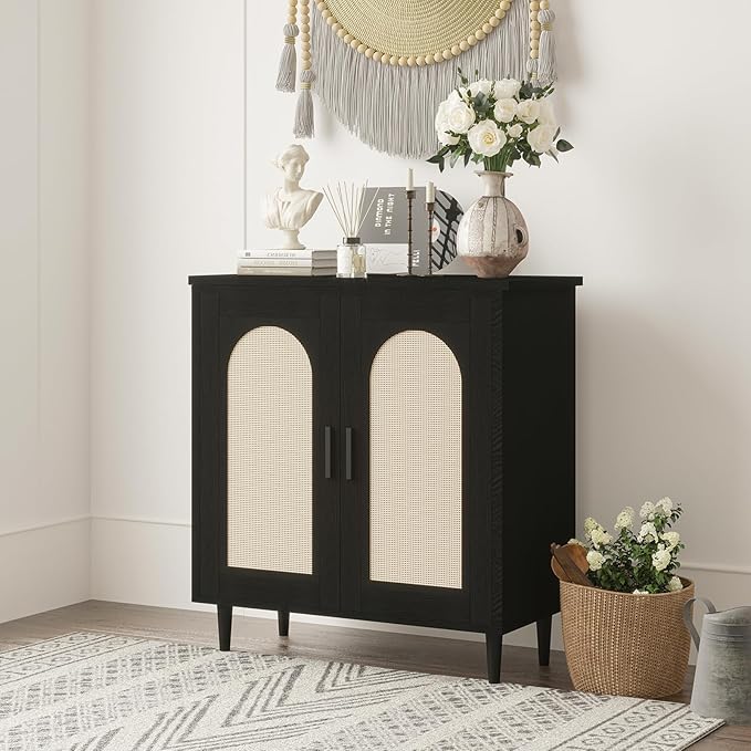 GarveeHome Sideboard Buffet Kitchen Storage Cabinet with Rattan, Solid Wood Feet for Living Room, Hallway, Entryway, Cabinet with Ample Storage Space (Black, 2 pcs)