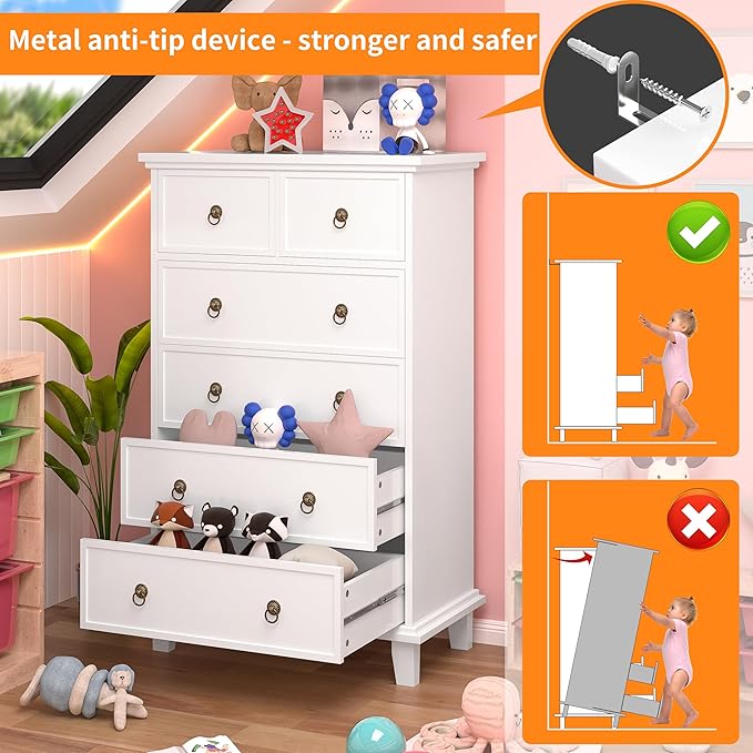 6 Drawer Tall Dresser for Bedroom, White Large Chest of Drawers, Modern Farmhouse 6 Drawers Storage Dresser for Living Room, Hallway, Entryway, Home Office