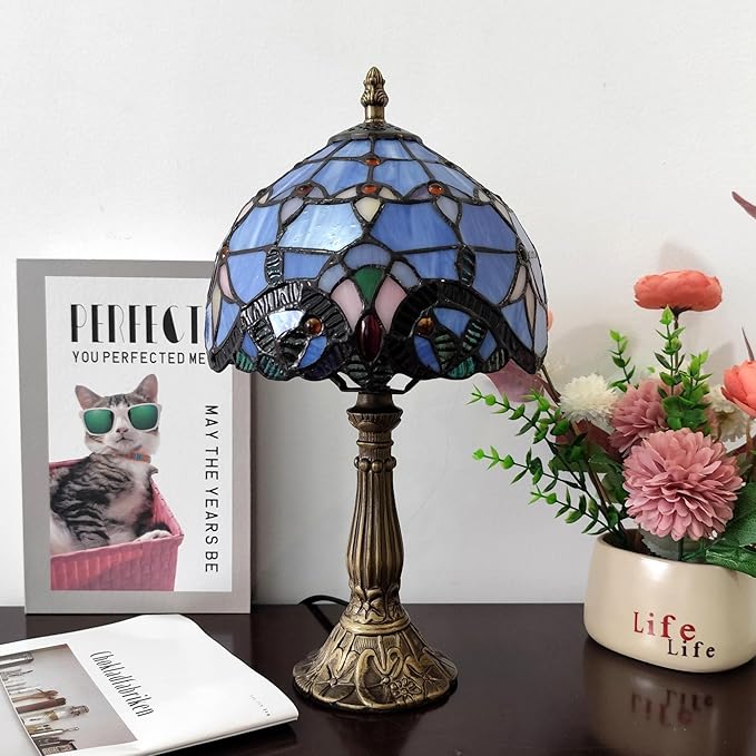 Tiffany Table Lamp 3-Way Light Handmade Bedside Lamp Small Desk Night Lamp Stained Glass Antique 15inch Tall Desk Light for Home Office Bedroom Living Room Study Room, Blue