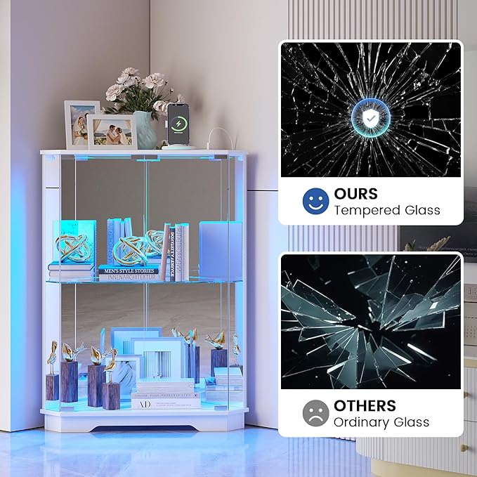 Corner Cabinet with Glass Doors, Small Storage Cabinet with LED Lights and Charging Station, 2-Tier Curio Cabinet with Storage for Living Room, Bedroom or Kitchen, White