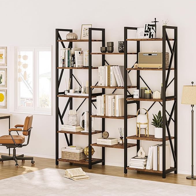GAOMON GAOMONTriple Wide 5 Tier Book Shelf, Tall Bookshelf with Open Display Shelves, Industrial Large Bookshelves and Bookcases with Metal Frame for Living Room, Bedroom, Home Office-Grey