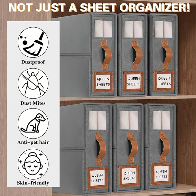 GhvyenntteS 8 Pack Bed Sheet Organizers and Storage (Queen & King Size), Foldable Sheet Organizers and Storage with Window and Label, Bed Sheet Organizer with Leather Handle, Grey