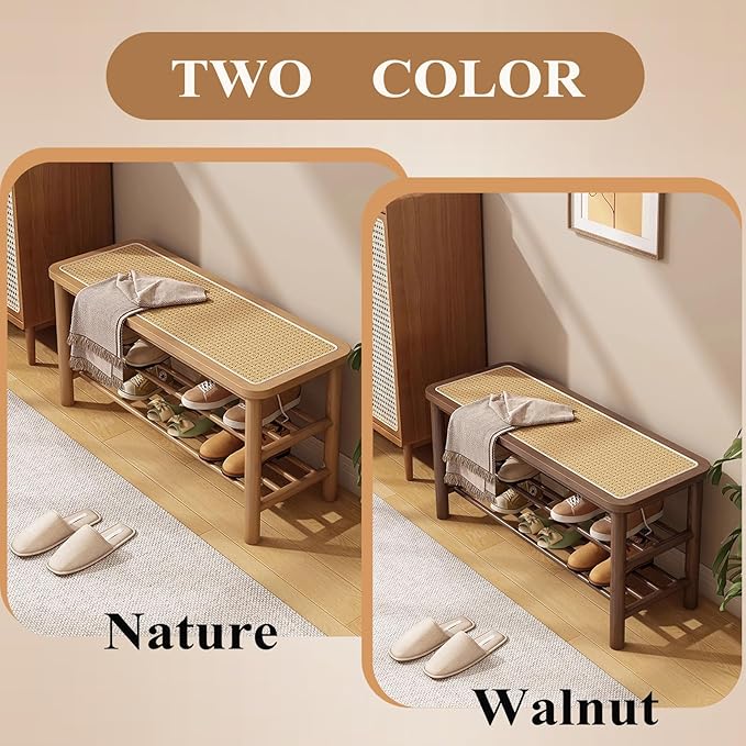 Bamboo Shoe Rack Bench with Rattan Seat, 3-Tier Shoe Storage Bench, Entryway Bench for Hallway Walnut-23.62 inches
