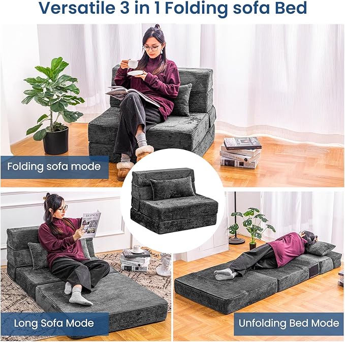 Cvortll Folding Sofa Bed, Convertible Sleeper Chair with Pillow, High Density Memory Foam Fold Out Couch, Foldable Mattress Futon Sofa for Living Room/Dorm/Guest Use/Apartment/Home Office