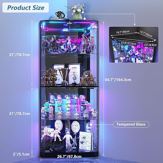 Corner Display Cabinet with Glass Doors, 64.7" Tall Curio Cabinet with RGB Lights for Collectibles, 4-Tier Showcase Display Case with Human Sensor for Toys, Books, Black