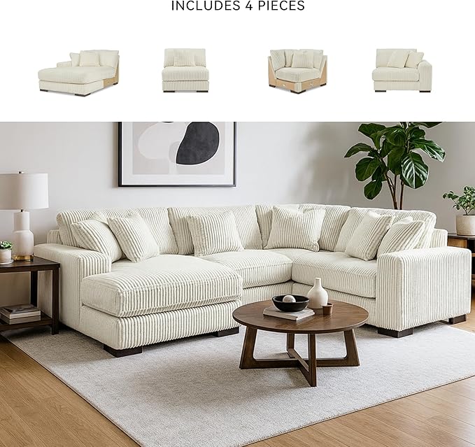 Signature Design by Ashley Lindyn Contemporary Right-Arm Facing 4-Piece Sectional with Chaise, Reversible Cushions, Armrest and Throw Pillows, White