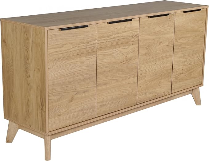 Flash Furniture Hatfield Mid-Century Modern 4 Door Storage Buffet - Light Natural Sideboard - 60 Inches - Soft Close Doors - Adjustable Shelves - Holds up to 64" TV's