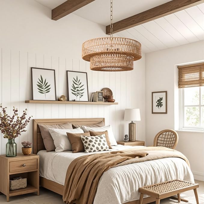 LamQee 22 Inch Farmhouse Rattan Chandeliers, 5 Lights Boho Chandelier Light Fixture with Hand Woven Wicker Shade, Large Rattan Pendant Lights Ceiling Hanging Lighting for Dining Room Kitchen Island