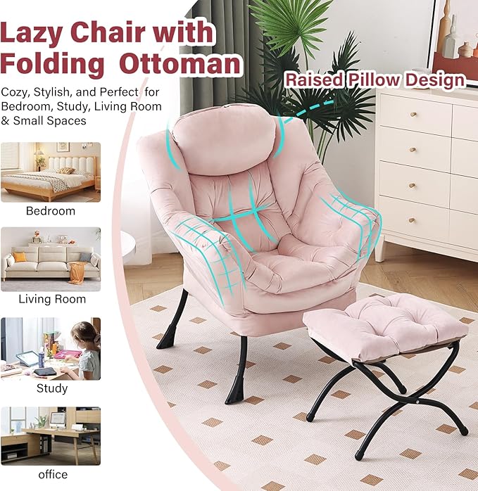 Lazy Chair with Ottoman, Modern Chair with Folding Footrest, Velvet Pink Accent Chair, Comfortable Reading Chair, Oversized Armchairs for Bedroom, Study, Living Room, Courtyard