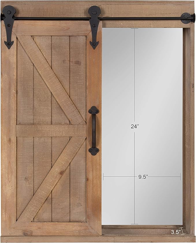 Kate and Laurel Cates Decorative Wood Wall Storage Cabinet with Rectangle Mirror and Sliding Barn Door, 22 x 28, Rustic Brown, Farmhouse Decor for Wall Storage