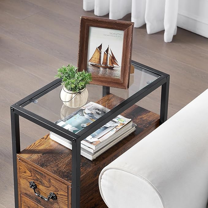 VECELO Narrow Side Table Set of 2, Night Stand Sofa Table with Glass Top,Bedside End Tables with Storage Drawers,Wood Nightstand for Small Spaces Living Room Bedroom,Brown