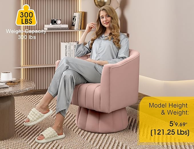 Mid Century 360 Degree Swivel Cuddle Barrel Accent Sofa Chairs, Round Armchairs with Wide Upholstered, Fluffy Velvet Fabric Chair for Living Room, Bedroom, Office, Waiting Rooms, (Pink)