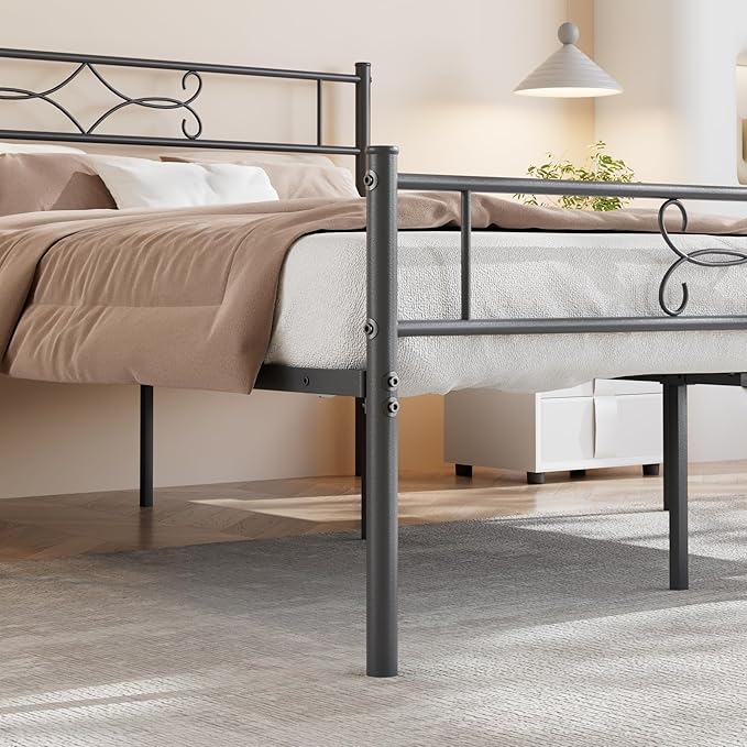 VECELO Queen Size Metal Platform Bed Frame with Headboard & Charging Station,Premium Steel Slat Support No Box Spring Needed,Noise-Free Anti-Slip,Easy Assembly